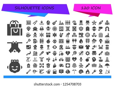 Vector icons pack of 120 filled silhouette icons. Simple modern icons about  - Shopping bag, Girl, Clothes, Safebox, Plier, Float, Egg, Guitar, Qutb minar, Group, Tap, Delivery