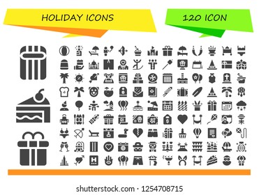 Vector icons pack of 120 filled holiday icons. Simple modern icons about  - Inflatable, Gift box, Cake, Beach ball, Champagne, Sunbed, Balloon, Bow, Sand castle, Present, Hammock