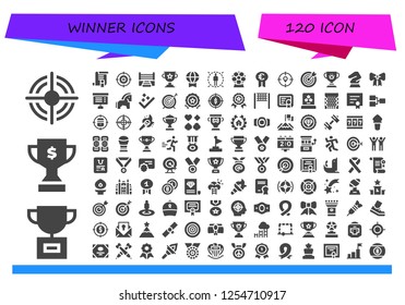 Vector icons pack of 120 filled winner icons. Simple modern icons about  - Target, Trophy, Certificate, Boxing ring, Prize, Award, Horse, Ribbon, Project, Success, Medal, Winner