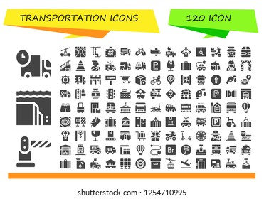 Vector icons pack of 120 filled transportation icons. Simple modern icons about  - Truck, Barrier, Landslide, Train, Road, Chairlift, Luggage, Bike, Airplane, Van, Motor, Package