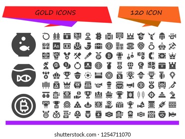 Vector icons pack of 120 filled gold icons. Simple modern icons about  - Fishbowl, Bitcoin, Earrings, Wheat, Gambling, Trophy, Merit, Crown, Pirate, Necklace, Chinese, Trumpet