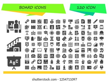 Vector icons pack of 120 filled board icons. Simple modern icons about  - Presentation, Blackboard, Stairs, Stem, Fence, Boarding, List, Canteen, Roll up, Billboard, Clapperboard