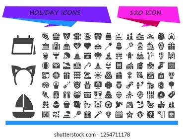 Vector icons pack of 120 filled holiday icons. Simple modern icons about  - Calendar, Sailboat, Headband, Socks, Gift, Clown, Ski, Party hat, Slippers, Candy, Flyboard, Candles