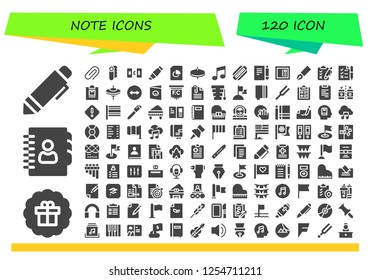 Vector icons pack of 120 filled note icons. Simple modern icons about  - Pen, Sticker, Agenda, Attachment, Paper, Scrabble, Highlighter, Document, Cymbals, Music, Harmonica, Note