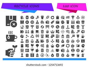 Vector icons pack of 120 filled recycle icons. Simple modern icons about  - Package, Eco friendly, Cup, Trash, Can, Renewable energy, Redo, Garbage, Ecology, Garbage truck, Green energy