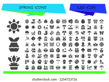 Vector icons pack of 120 filled spring icons. Simple modern icons about  - Sun, Flower, Plant, Bird house, Sprout, Leaf, Feeder, Beach ball, Waterfall, Egg, Eco, Butterfly, Picnic table