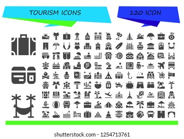 Vector icons pack of 120 filled tourism icons. Simple modern icons about  - Travel bag, Hammock, Plane ticket, Sunset, Palm tree, Briefcase, Space needle, Galata tower, Notre dame