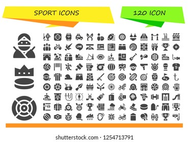 Vector icons pack of 120 filled sport icons. Simple modern icons about  - Ninja, Dart, Puck, Fishing, Dohyo, Smartwatch, Car, Headband, Bowling, Rugby ball, Bicycle, Swimsuit