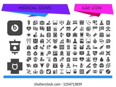 Vector icons pack of 120 filled medical icons. Simple modern icons about  - Beats pill, Veterinary, Blood transfusion, Syringe, Virus, Blood, Glasses, Test tubes, Flask, Double bed