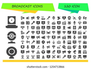 Vector icons pack of 120 filled broadcast icons. Simple modern icons about  - Webcam, Camcorder, Megaphone, Wifi, Microphone, Satellite, Tv, Web cam, Signal, Television, Antenna