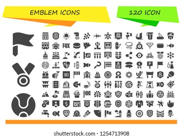 Vector icons pack of 120 filled emblem icons. Simple modern icons about  - Flag, Tennis ball, Medal, Jam, Shield, Sunrise, Octopus, Grapes, Swordfish, Turtle, Antivirus, Stork