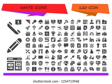 Vector icons pack of 120 filled white icons. Simple modern icons about  - Telephone, Cms, Pencil, Napkin, Chicken leg, Cloud, Beer box, Online shop, Computer, Axe, Phone booth