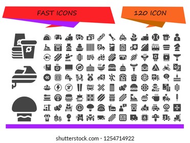 Vector icons pack of 120 filled fast icons. Simple modern icons about  - Paper cup, Mushroom, Jet ski, Taco, Delivery truck, Van, Postal, Cannoli, Chopsticks, Police car, Ship