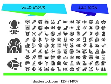 Vector icons pack of 120 filled wild icons. Simple modern icons about  - Squid, Fish, Cave, Panda bear, Fleas, Reed, Snake, Grasshopper, Frog, Toad, Aloe vera, Creature, Panda