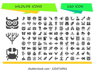 Vector icons pack of 120 filled wildlife icons. Simple modern icons about  - Owl, Crab, Coral, Parrot, Panda bear, Seashell, Fishing line, Hunter, Vulture, Jellyfish, Anglerfish