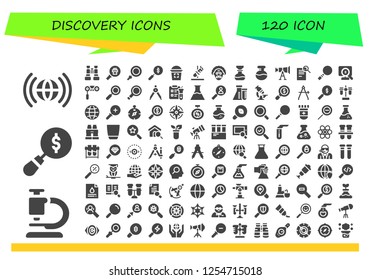Vector icons pack of 120 filled discovery icons. Simple modern icons about  - Worldwide, Microscope, Magnifying glass, Binoculars, Loupe, Search, Glass, Test tube, Scientist, Flask