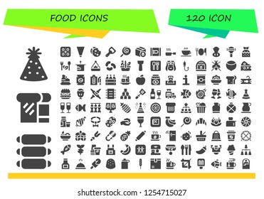 Vector icons pack of 120 filled food icons. Simple modern icons about  - Party hat, Ribs, Bread, Pizza, Piping bag, Cookie, Bottle opener, Lollipop, Package, Canned food, Frying pan