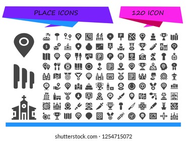 Vector icons pack of 120 filled place icons. Simple modern icons about  - Placeholder, Church, Knives, Achievement, Pin, Destination, Map, Fortress, Gps, Parking, Award, Trophy