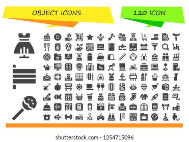 Vector icons pack of 120 filled object icons. Simple modern icons about  - Dress, Lollipop, Flags, Burger, Stop, Cube, Shapes, Star, Motor, Drill, Paint roller, Graduation, Shopping cart