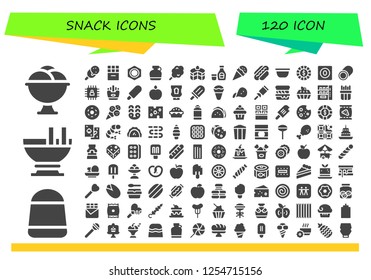 Vector icons pack of 120 filled snack icons. Simple modern icons about  - Ice cream, Candy, Custard, Chocolate, Nut, Canteen, Cotton candy, Cake, Syrup, Hot dog, Bowl, Chip, Marshmallow