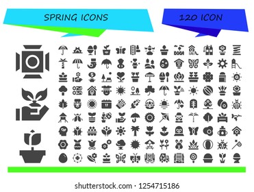 Vector icons pack of 120 filled spring icons. Simple modern icons about  - Scenic Illumination, Rose, Planting, Umbrella, Sunrise, Boiled egg, Plant, Moth, Suspension, Rain, Plants