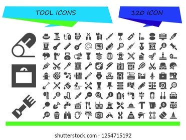 Vector icons pack of 120 filled tool icons. Simple modern icons about  - Safety pin, Rake, Weight, Hat, Scratcher, Mouse, Gloves, Pliers, Wrench, Skewer, Shovel, Cutter, Net, Foundation