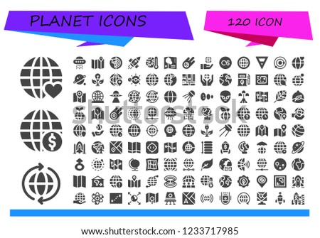 Vector icons pack of 120 filled planet icons. Simple modern icons about  - Earth grid, World, Earth globe, Ufo, Map, Planet earth, Rocket, Global warming, Meteorite, Globe, Lastfm, Earth, Solar system