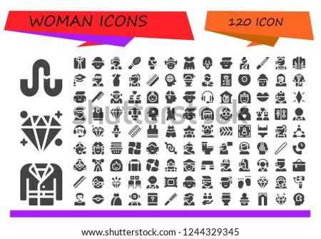 Vector icons pack of 120 filled woman icons. Simple modern icons about  - Stumbleupon, Coat, Diamond, Clothes, Avatar, Call center, Comb, Human, Woman, Dress, Scream, Nail file, Jacket