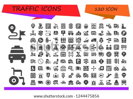 Vector icons pack of 120 filled traffic icons. Simple modern icons about  - Direction, Wheelchair, Taxi, Parking sign, Accident, Parking, Jam, Traffic light, Gauntlet, Parkings, Van, Helicopter