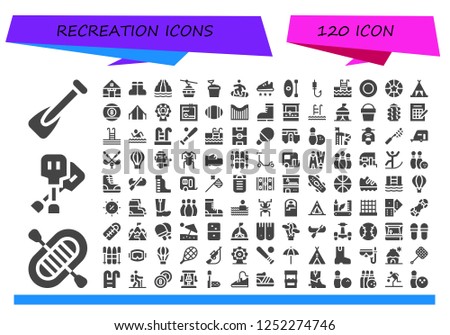 Vector icons pack of 120 filled recreation icons. Simple modern icons about  - Rowing, Rafting, Paddles, Tent, Boots, Slide, Cableway, Sand bucket, Snowboard, Sport shoe, Kayak