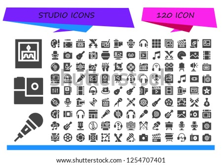 Vector icons pack of 120 filled studio icons. Simple modern icons about  - Picture, Microphone, Gopro, Palette, Graphic tablet, Recorder, Spotlight, Reel, Headphones, Clapperboard