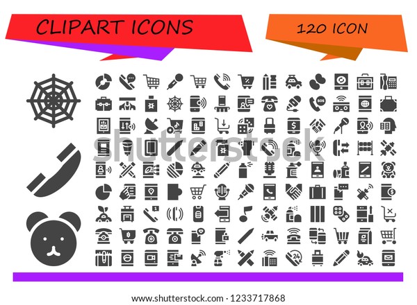 Vector icons pack of 120 filled clipart icons.
Simple modern icons about  - Spider web, Teddy bear, Telephone, Pie
chart, Shopping cart, Microphone, Pencil, Car, Jelly beans,
Smartphone, Suitcase