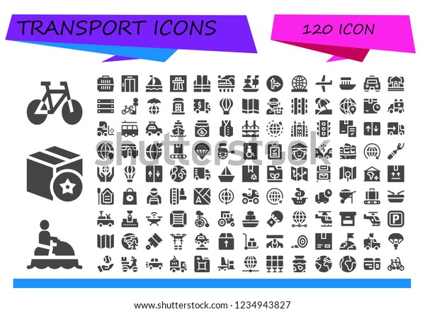 Vector\
icons pack of 120 filled transport icons. Simple modern icons about\
 - Bike, Jet ski, Package, Carrier, Elevator, Sailboat, Motorway,\
Vest, Train, Ship, Traffic signal, Globe,\
Plane