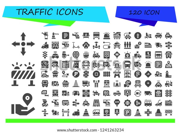 Vector
icons pack of 120 filled traffic icons. Simple modern icons about 
- Directions, Location pin, Barrier, Helicopter, Parking, Disabled,
Bus, Siren, Train, Electric car, Traffic
signal