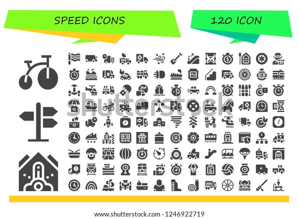 Vector icons pack of
120 filled speed icons. Simple modern icons about  - Bike, Falling
debris, Road sign, Rainbow, Cargo truck, Truck, Van, Ambulance,
Wind, Rowing, Escalator
