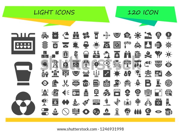 Vector icons pack\
of 120 filled light icons. Simple modern icons about  - Fuse box,\
Rgb, Beer, Police car, Desk lamp, Binoculars, Solution, Flashlight,\
Arc, Watermelon, Smart\
home