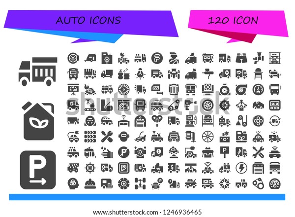 Vector icons\
pack of 120 filled auto icons. Simple modern icons about  - Garbage\
truck, Parking, Fuel, Brake disc, Caravan, Van, Truck, Flipdrive,\
Accident, Lorry, Trunk,\
Airbrush
