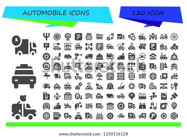 Vector icons pack of 120 filled automobile icons.\
Simple modern icons about  - Truck, Van, Taxi, Psi, Wheel, Meter,\
Parking, Trunk, Timing belt, Lorry, Ambulance, Race car, Electric\
car