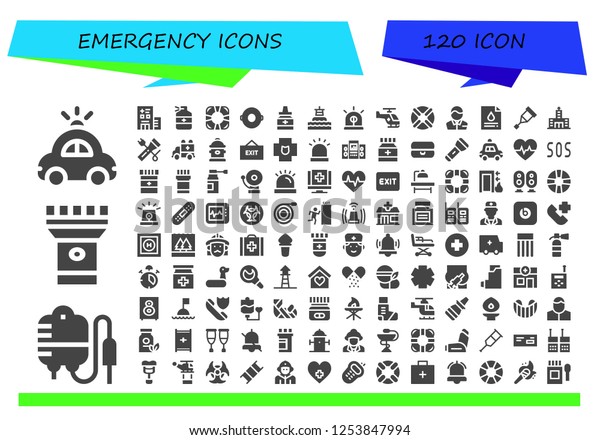 Vector icons\
pack of 120 filled emergency icons. Simple modern icons about  -\
Police car, Transfusion, Torch, Hospital, Medicine, Lifesaver,\
Float, Buoy, Siren, Helicopter,\
Lifebuoy