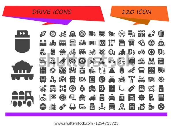 Vector icons pack\
of 120 filled drive icons. Simple modern icons about  - Pendrive,\
Truck, Wagon, Belt, Bicycle, Steering wheel, Wheel, Van, Hard\
drive, Tires, Timing belt,\
Pulley