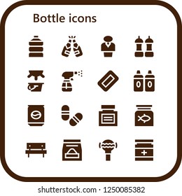 Vector icons pack of 16 filled bottle icons. Simple modern icons about  - Water, Beer, Chemist, Salt, Milk, Spray, Soap, Sauces, Can, Pills, Medicine, Fish food, Picnic, Food