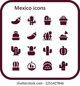 Vector icons pack of 16 filled mexico icons. Simple modern icons about  - Chili, Cactus, Pepper, Guacamole, Tacos