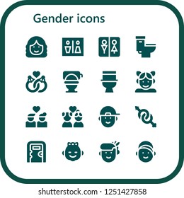 Vector icons pack of 16 filled gender icons. Simple modern icons about  - Woman, Wc, Toilet, Marriage, Girl, Couple, Boy, Gender, Public toilet