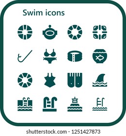 Vector icons pack of 16 filled swim icons. Simple modern icons about  - Lifesaver, Aqualung, Lifebuoy, Snorkel, Bikini, Pool, Fish bowl, Swimsuit, Flippers, Shark, Swimming, Swimming pool