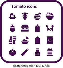 Vector icons pack of 16 filled tomato icons. Simple modern icons about  - Salad, Radish, Burger, Aubergine, Sauce, Sauces, Guacamole, Tomato, Courgette, Condiments