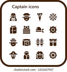 Vector icons pack of 16 filled captain icons. Simple modern icons about  - Stewardess, Policeman, Wooden leg, Helm, Shin guards, Sailor, Pirate, Captain