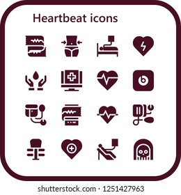 Vector icons pack of 16 filled heartbeat icons. Simple modern icons about  - Cardiogram, Fitness, Blood donation, Defibrillator, Medical, Heartbeat, Beats pill, Sphygmomanometer