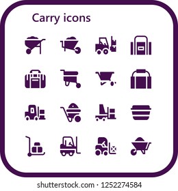 Vector icons pack of 16 filled carry icons. Simple modern icons about  - Wheelbarrow, Forklift, Sport bag, Gym bag, Lunch box
