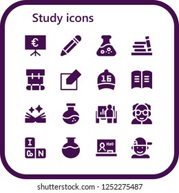 Vector icons pack of 16 filled study icons. Simple modern icons about  - Presentation, Pencil, Flask, Bookshelf, Backpack, Edit, Cap, Book, Professor, Periodic table, Blackboard