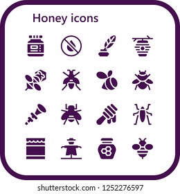 Vector icons pack of 16 filled honey icons. Simple modern icons about  - Ink, Beehive, Bee, Wasp, Swarm, Bumblebee, Bpee, Honey, Insect, Scarecrow